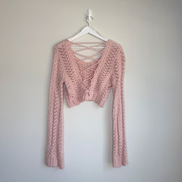 Altar'd State Pink Crochet Knit Crop Sweater Lace Up Back Bell Sleeve - Picture 3 of 8
